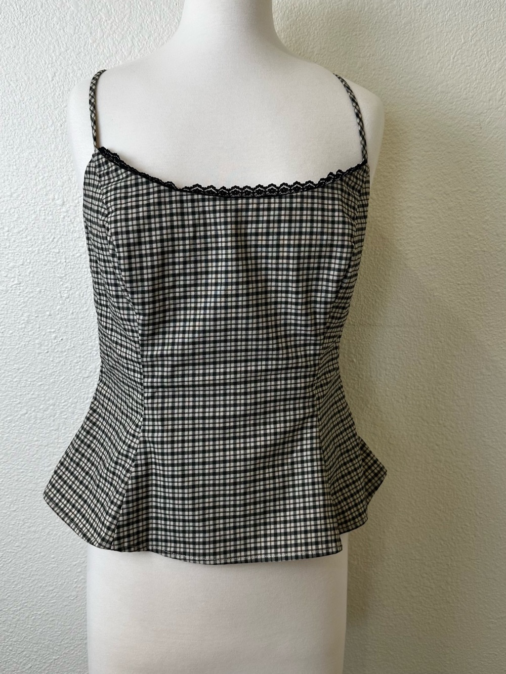 Black and White Plaid Spaghetti Strap Peplum Top